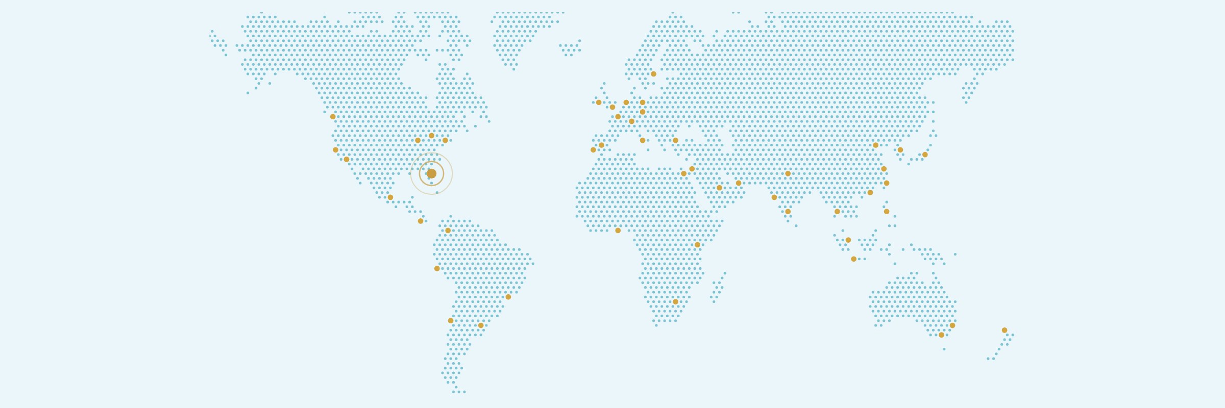 World map marking clients' cities around the globe and ProBroker's home base on the U.S. Atlantic Coast